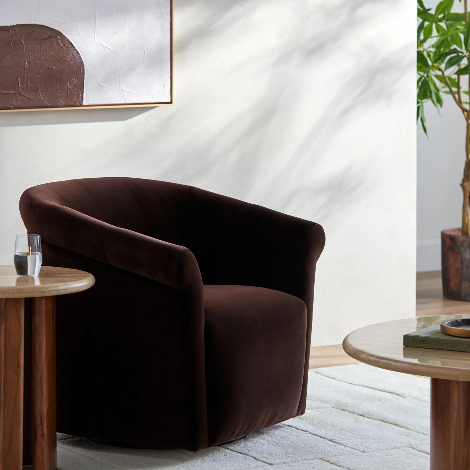 Luxury Brown Cotton Swivel Accent Chair Modern Italian Style for Villa