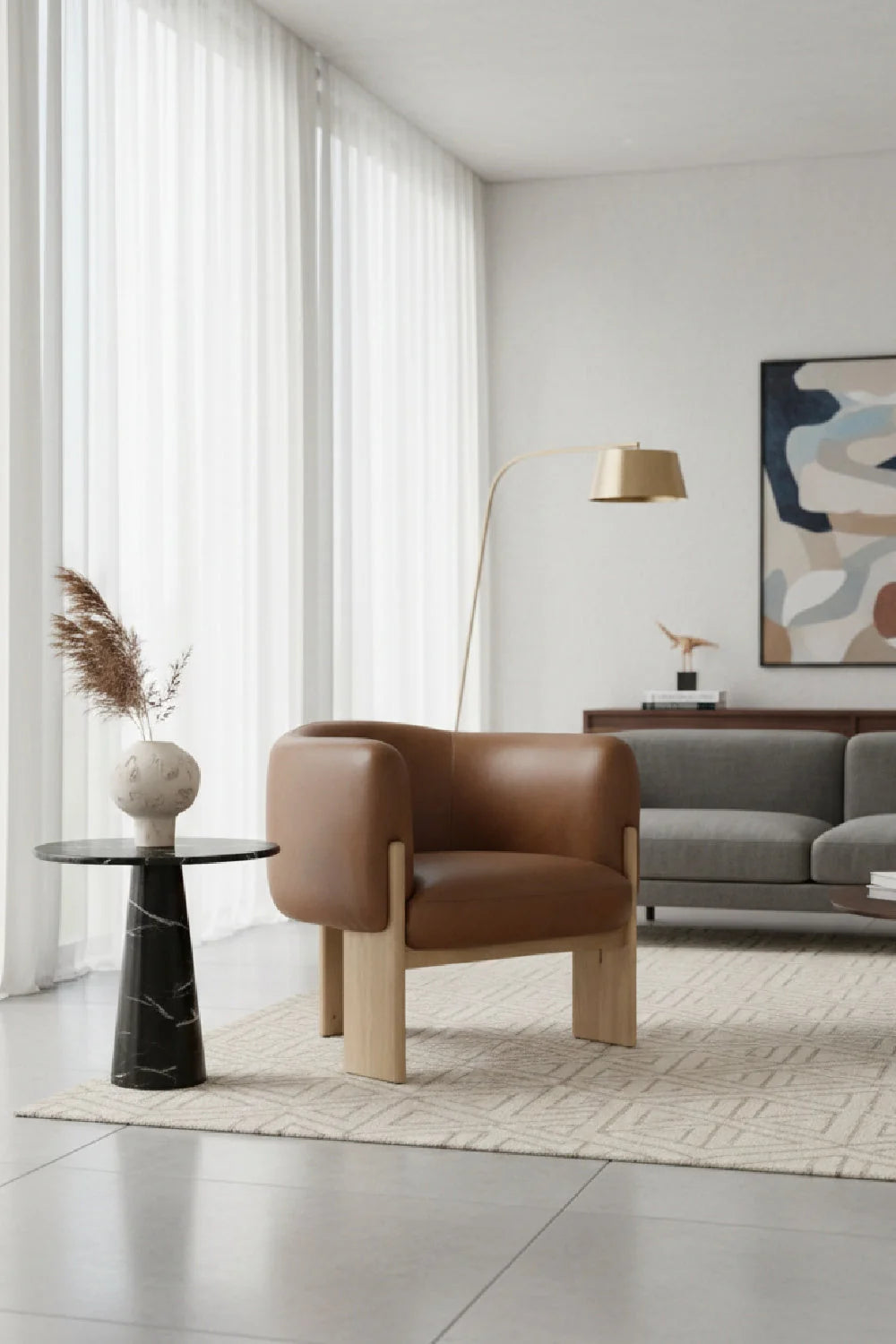 Luxury Brown Curved Leather Lounge Chair Modern Italian Style for Villa