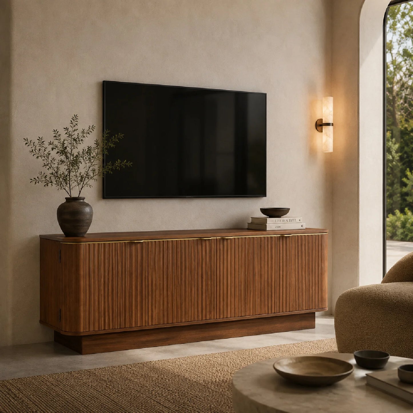 Luxury Brown Fluted Wood TV Stand Modern Italian Style for Villa