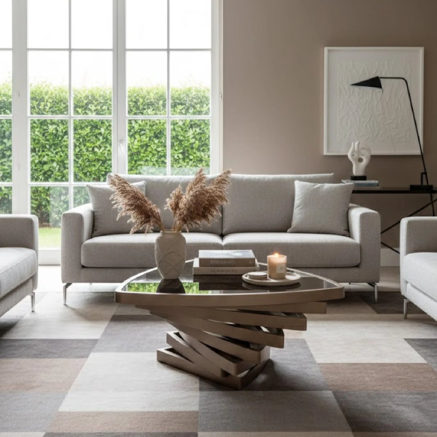 Luxury Brown Glass Triangular Coffee Table Modern Italian Style for Villa