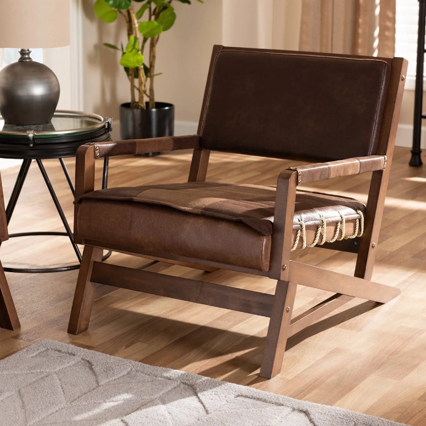 Luxury Brown Leather Accent Chair European Style for Villa