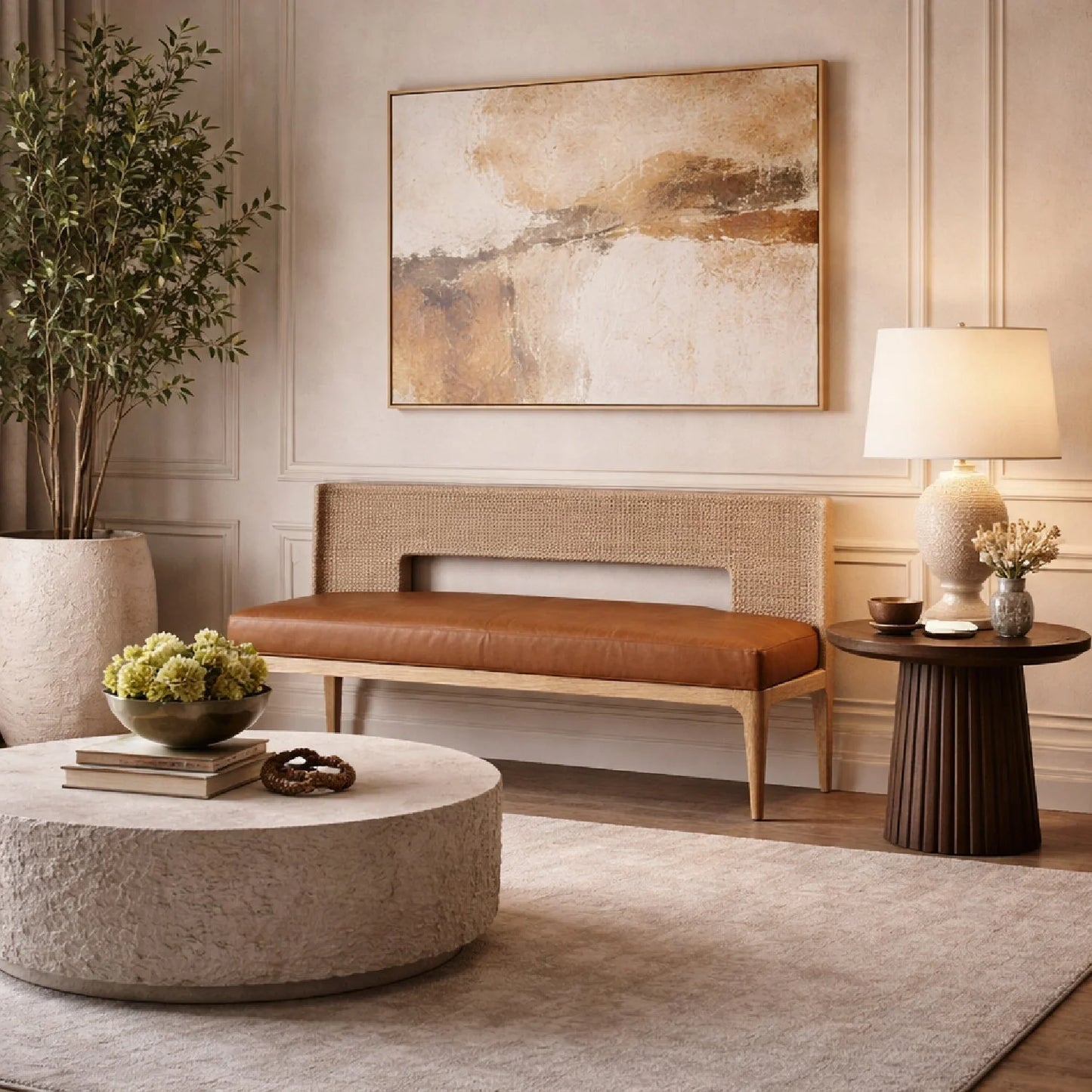 Luxury Brown Leather Banquette Bench European Style for Villa