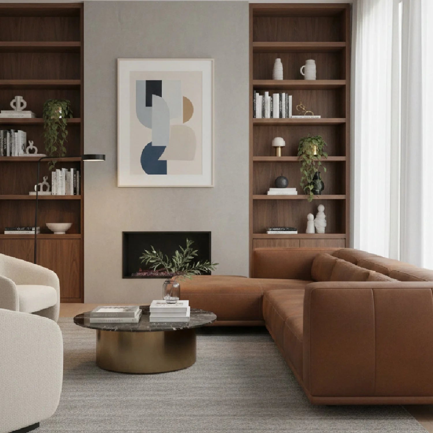 Luxury Brown Leather Chaise Sofa Modern Italian Style for Villa