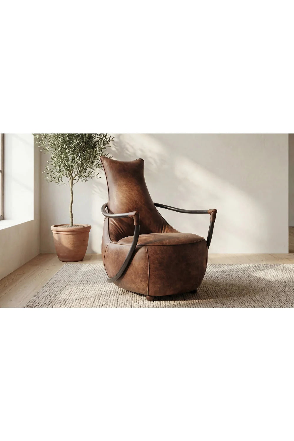 Luxury Brown Leather Club Chair Modern European Style for Villa