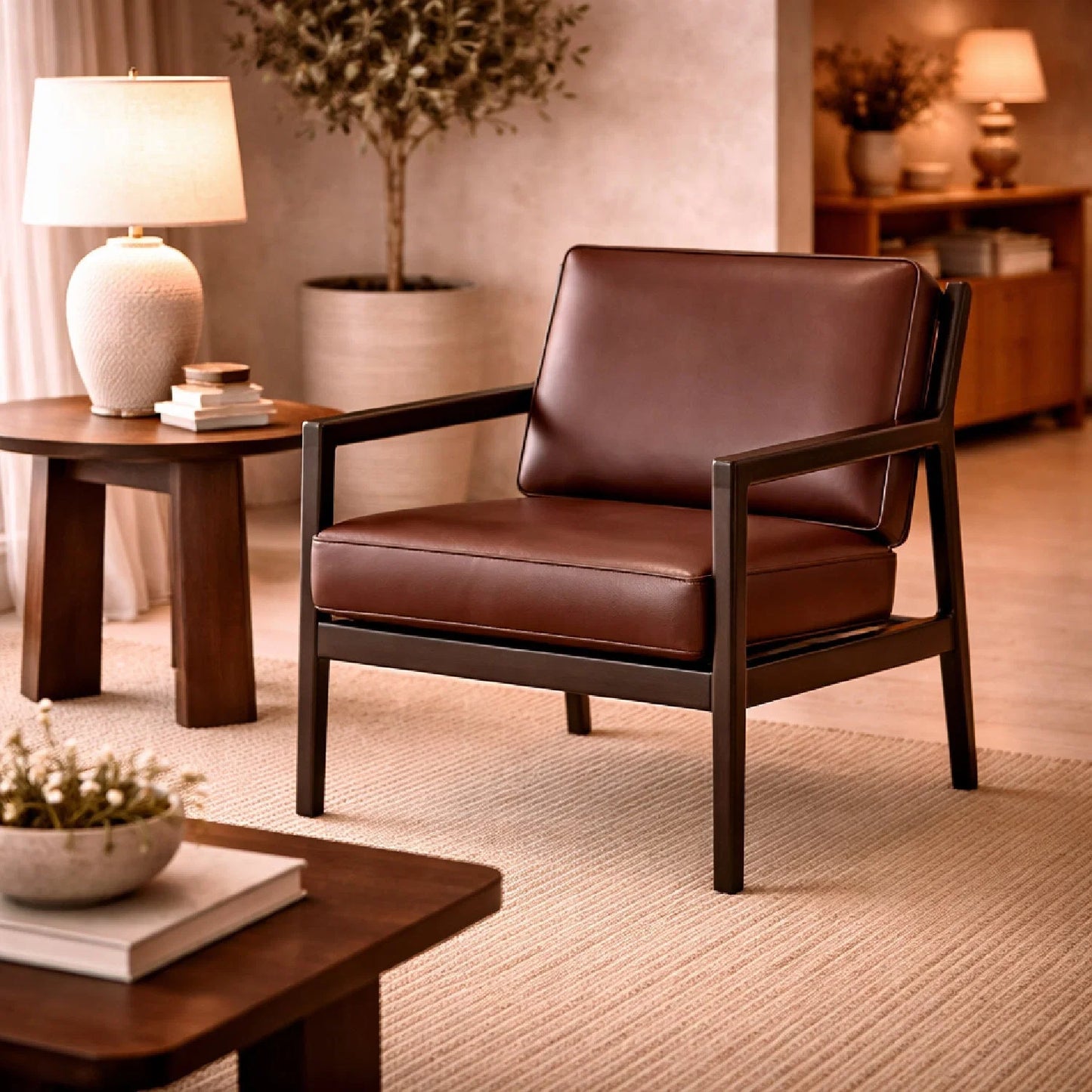 Luxury Brown Mahogany Lounge Chair Modern Italian Style for Villa
