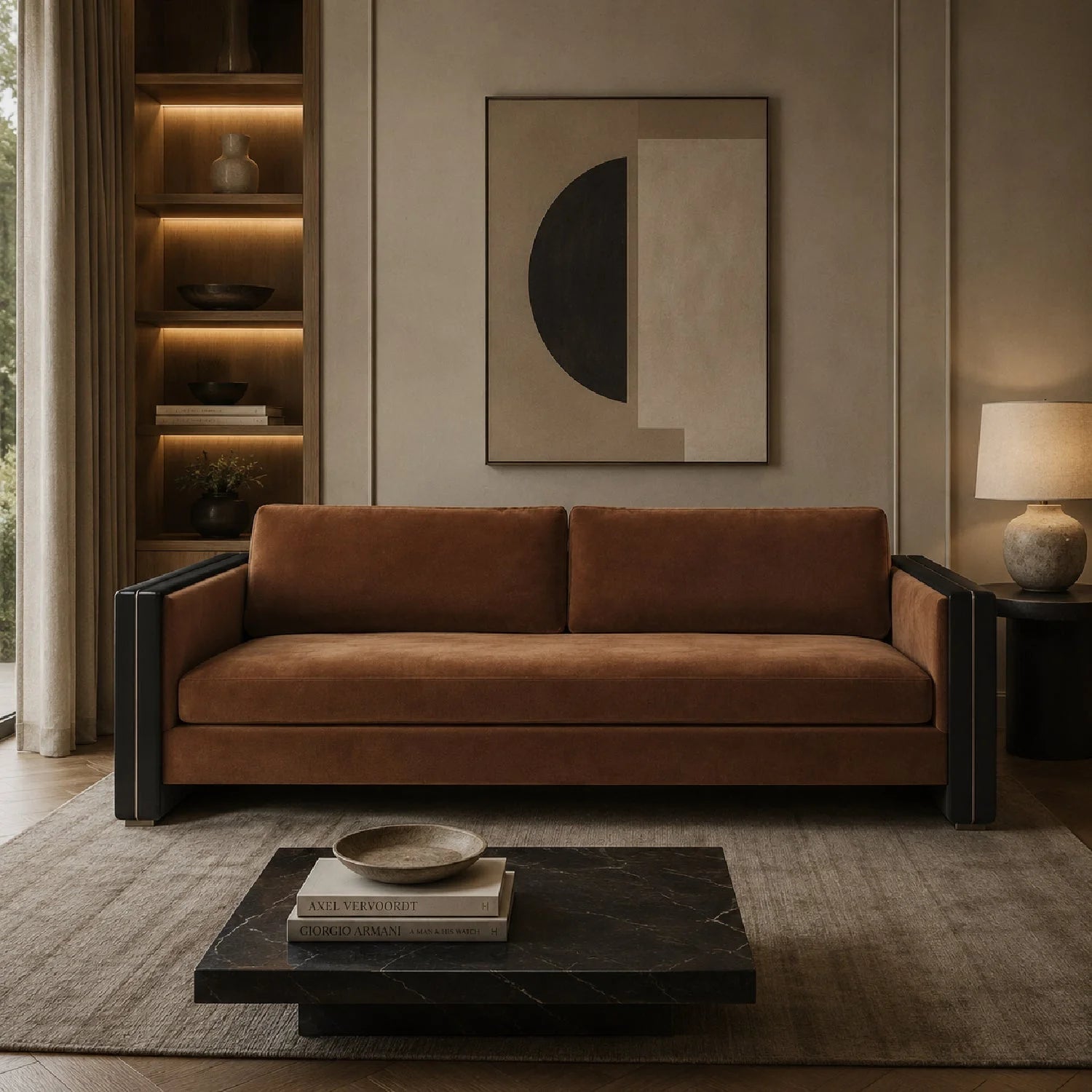 Luxury Brown Mohair Four Seater Sofa Modern Italian Style for Villa