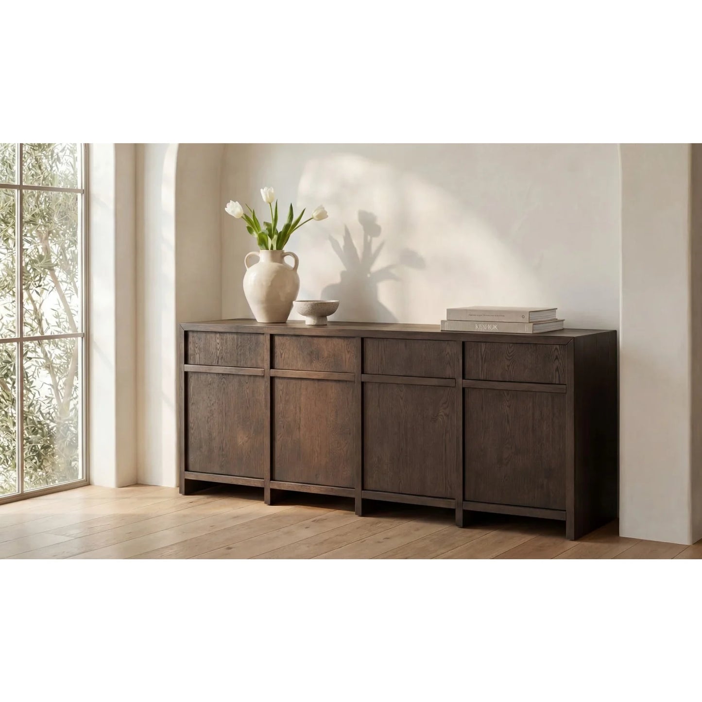 Luxury Brown Oak 4-Door Sideboard European Style for Villa