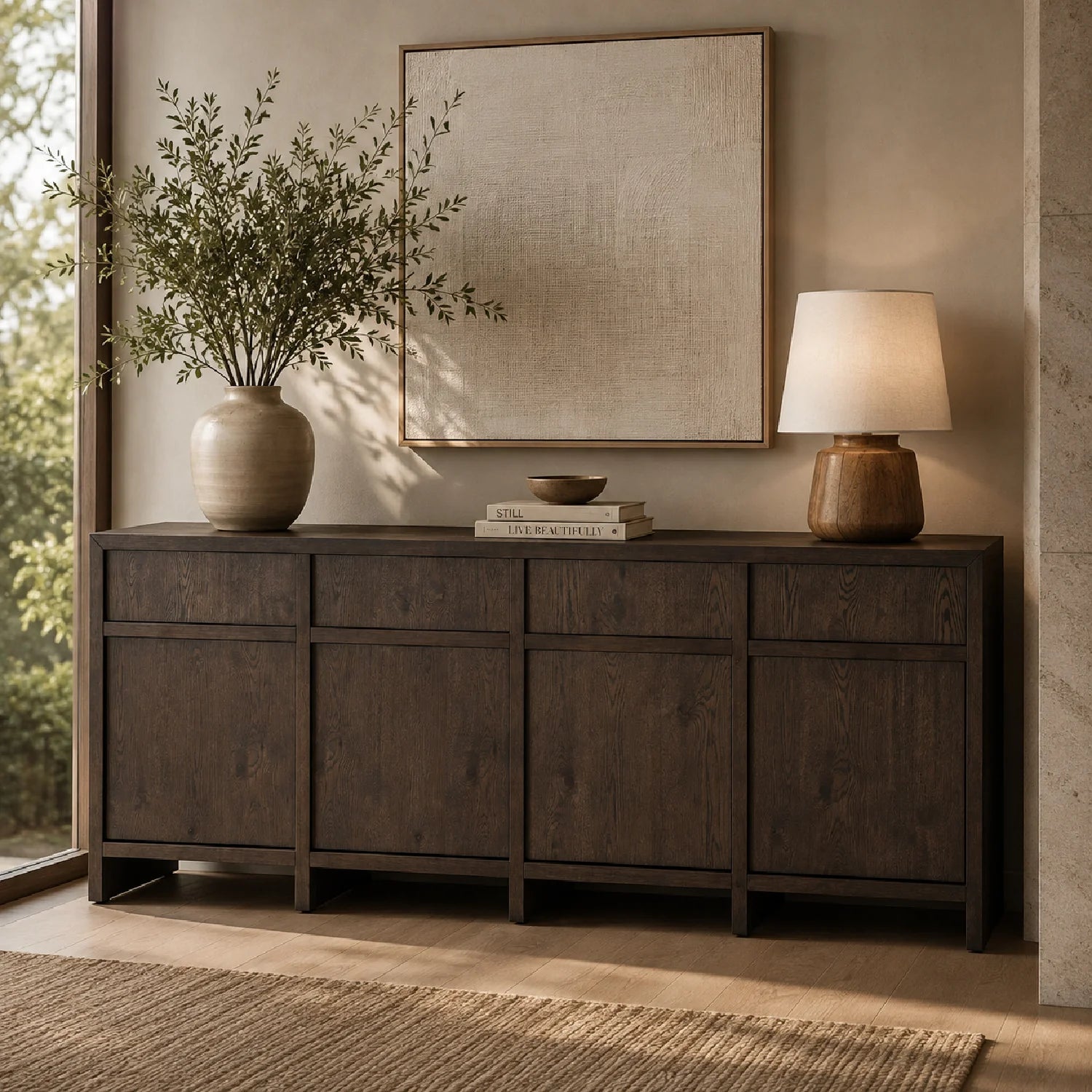 Luxury Brown Oak 4-Door Sideboard European Style for Villa