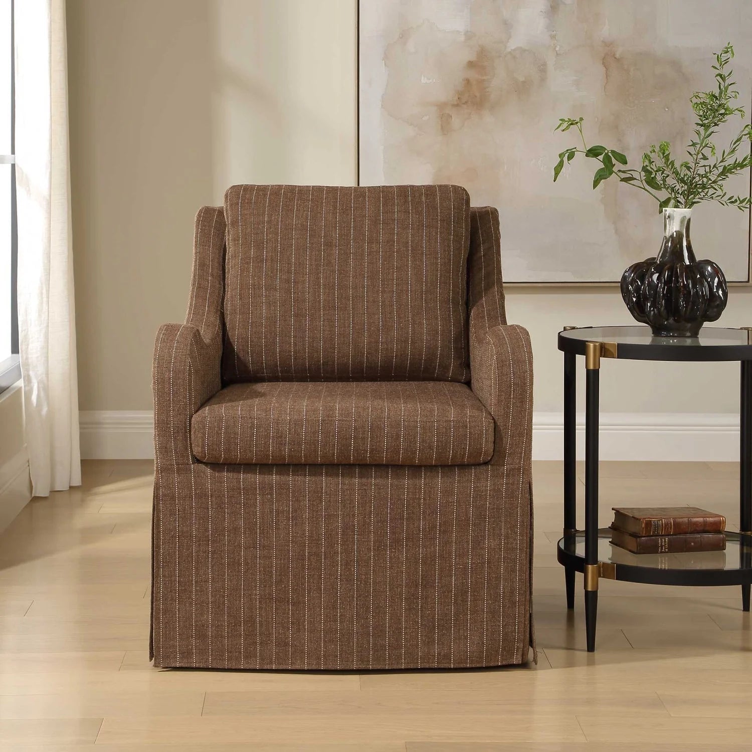 Luxury Brown Pinstripes Swivel Lounge Chair Modern Italian Style for Villa