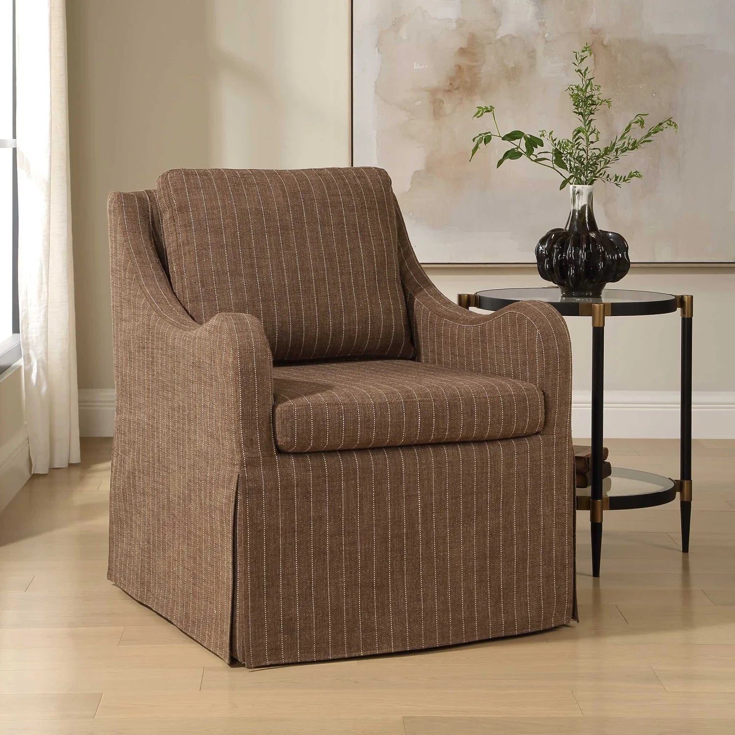 Luxury Brown Pinstripes Swivel Lounge Chair Modern Italian Style for Villa