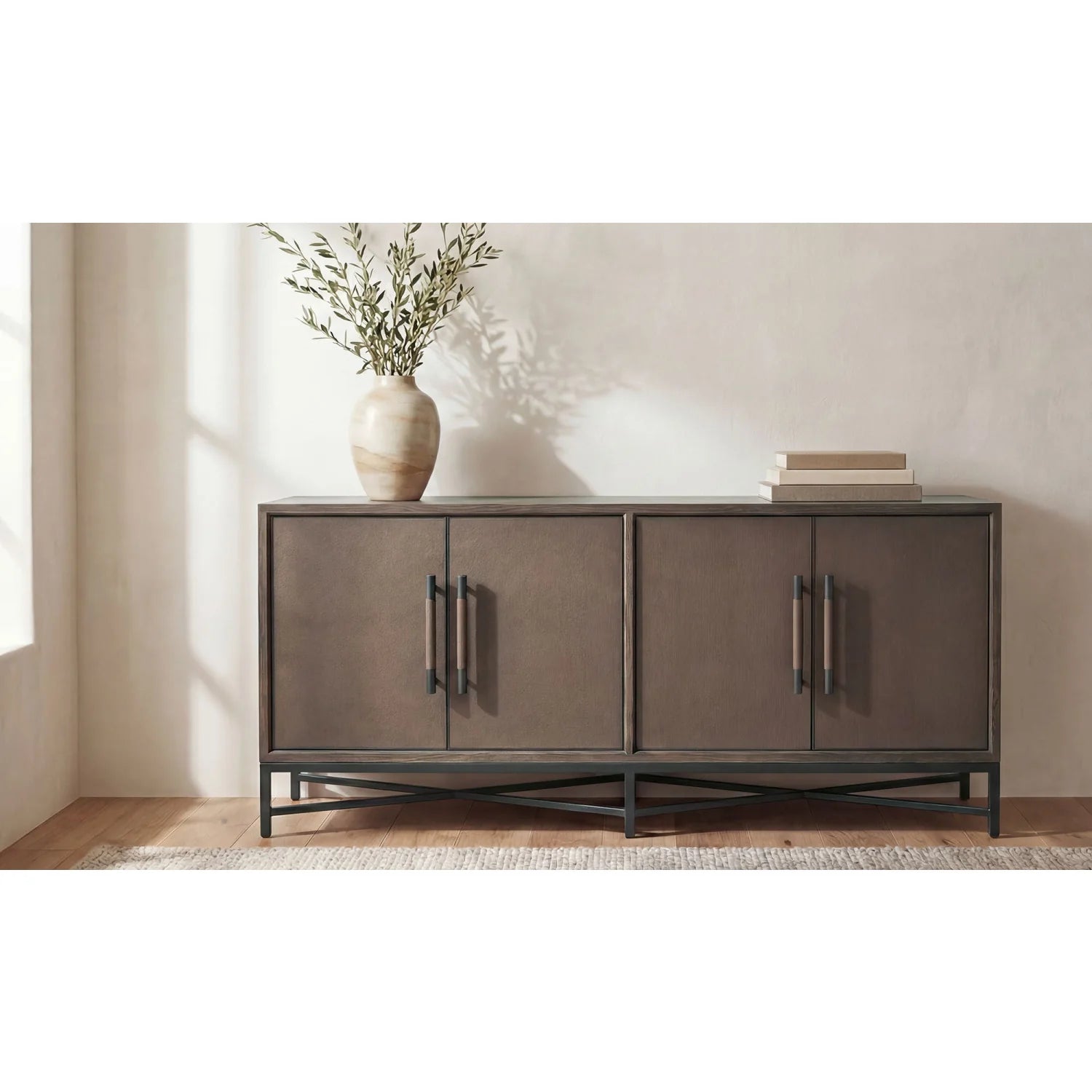 Luxury Brown Shagreen 4-Door Sideboard European Style for Villa