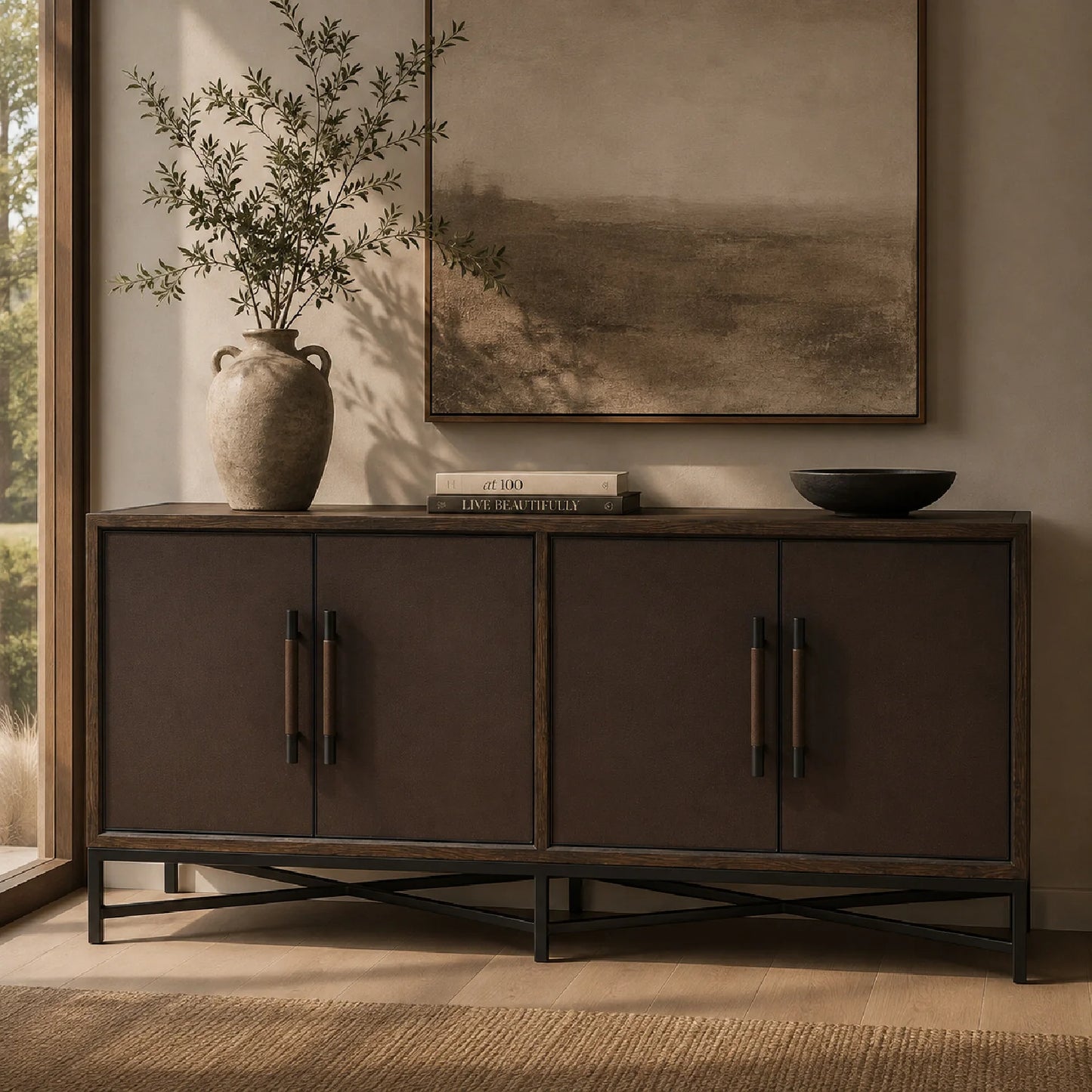 Luxury Brown Shagreen 4-Door Sideboard European Style for Villa