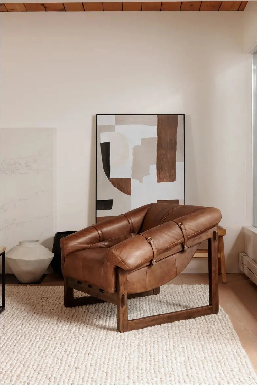 Luxury Brown Strapped Leather Accent Chair European Style for Villa