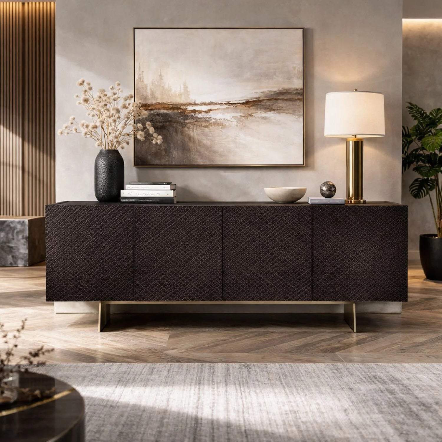 Luxury Brown Textured Wood Sideboard European Style for Villa