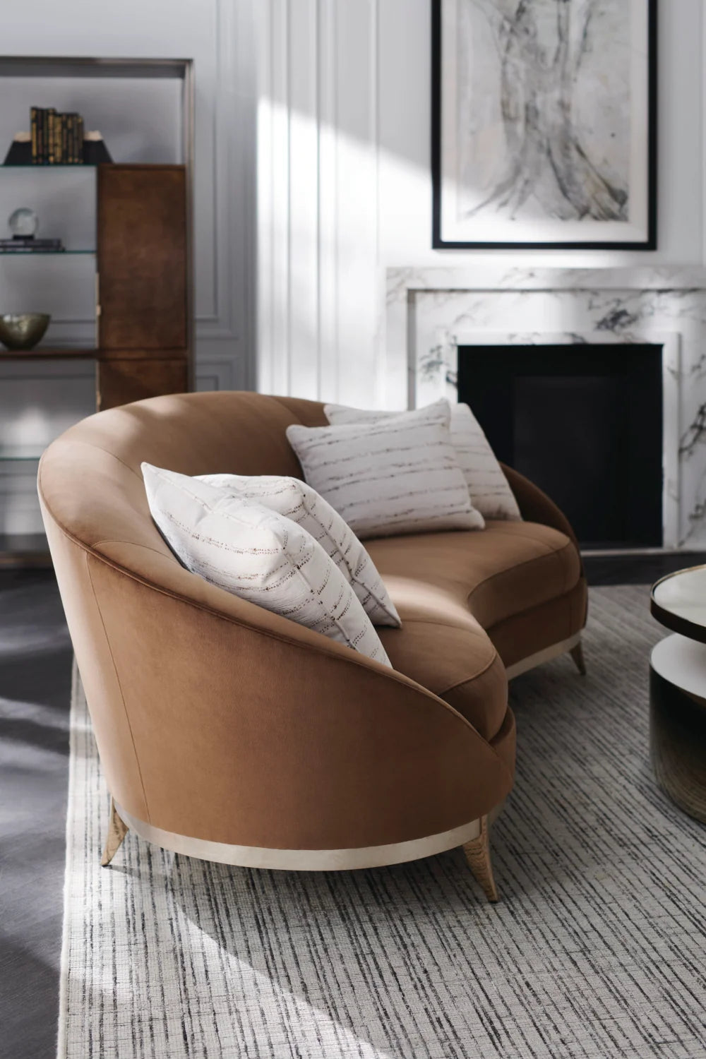 Luxury Brown Velvet Curved Four Seater Sofa Modern Italian Style for Villa