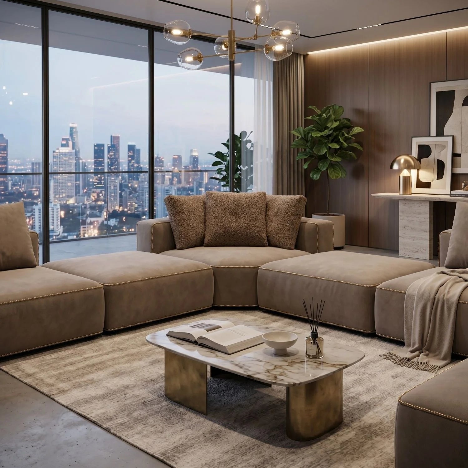 Luxury Brown Welted Sectional Sofa Modern Italian Style for Villa