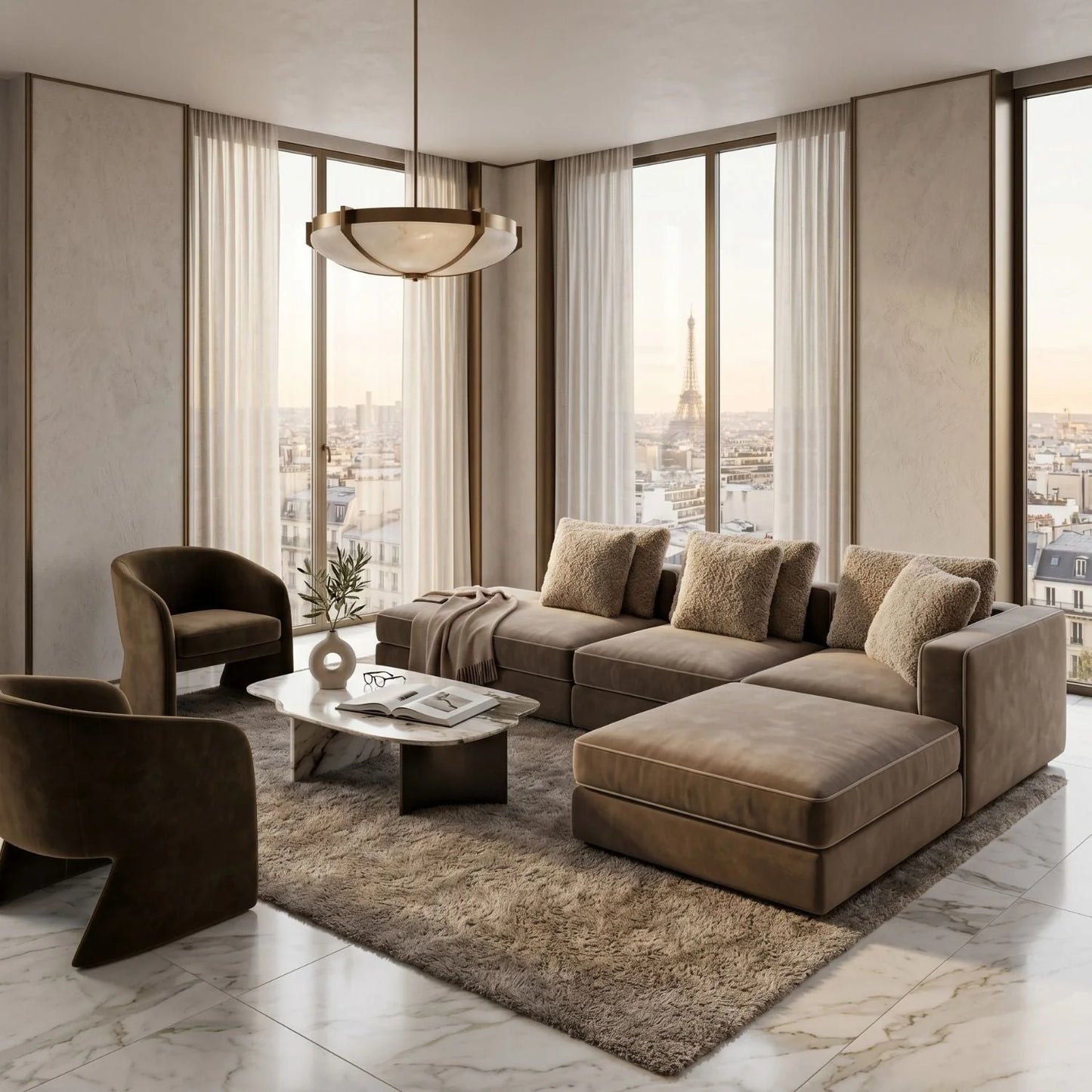 Luxury Brown Welted Sectional Sofa Modern Italian Style for Villa