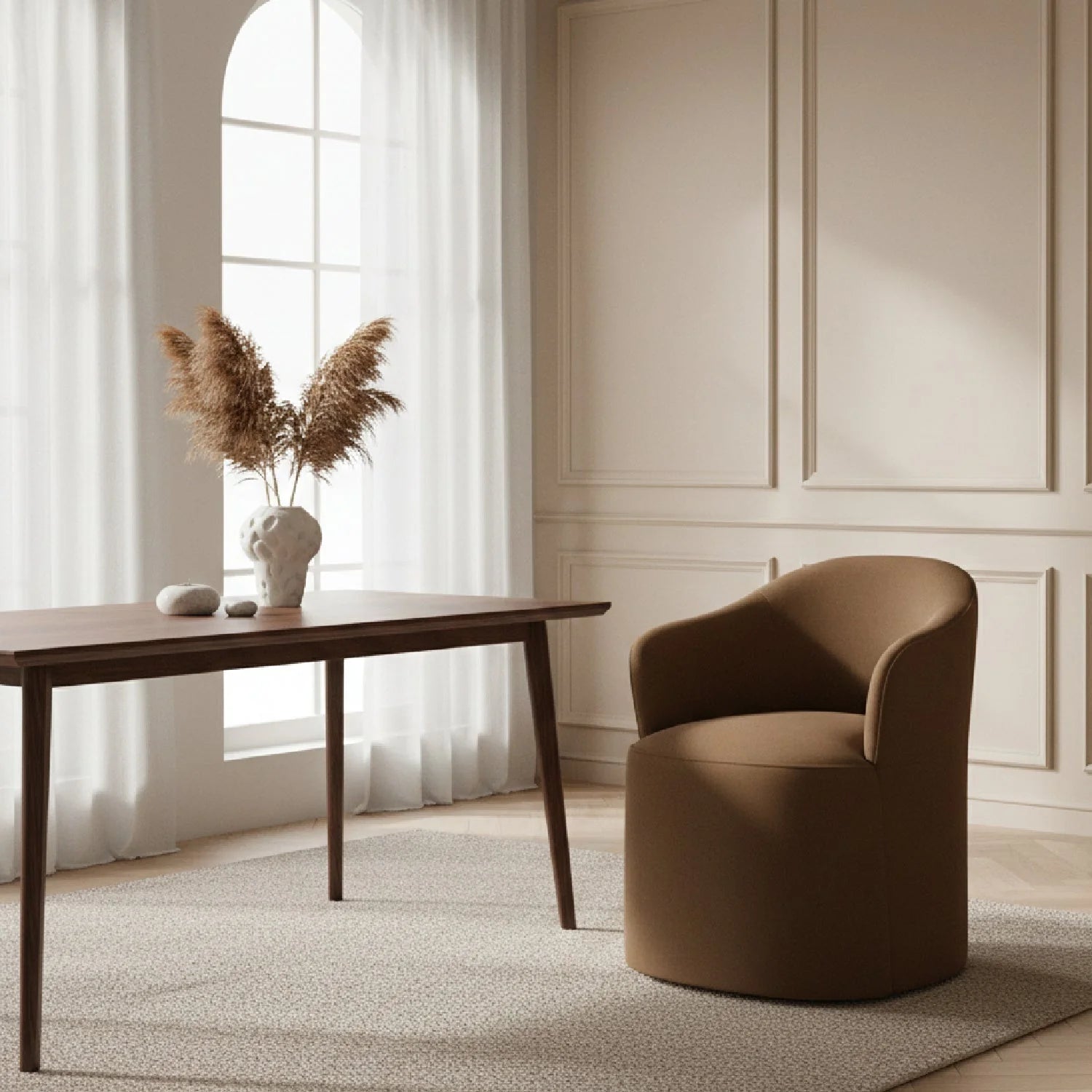 Luxury Brown Wheeled Modern Dining Armchair European Style for Villa