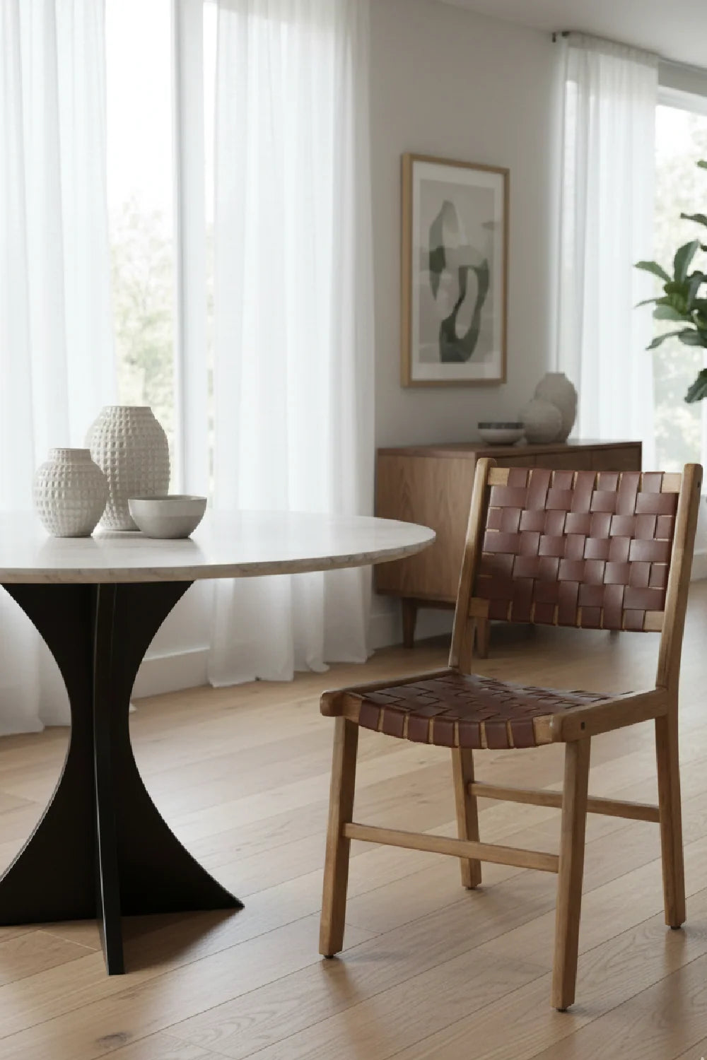 Luxury Brown Woven Leather Dining Chair European Style for Villa