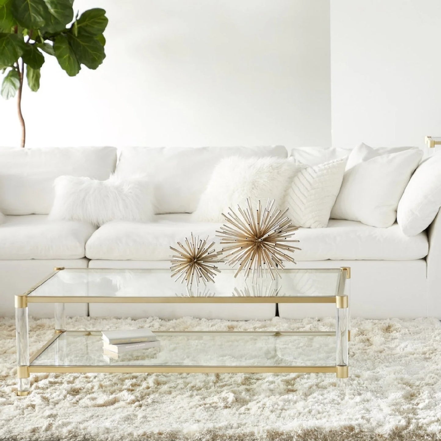 Luxury Brushed Brass Framed Glass Coffee Table Modern Italian Style for Villa