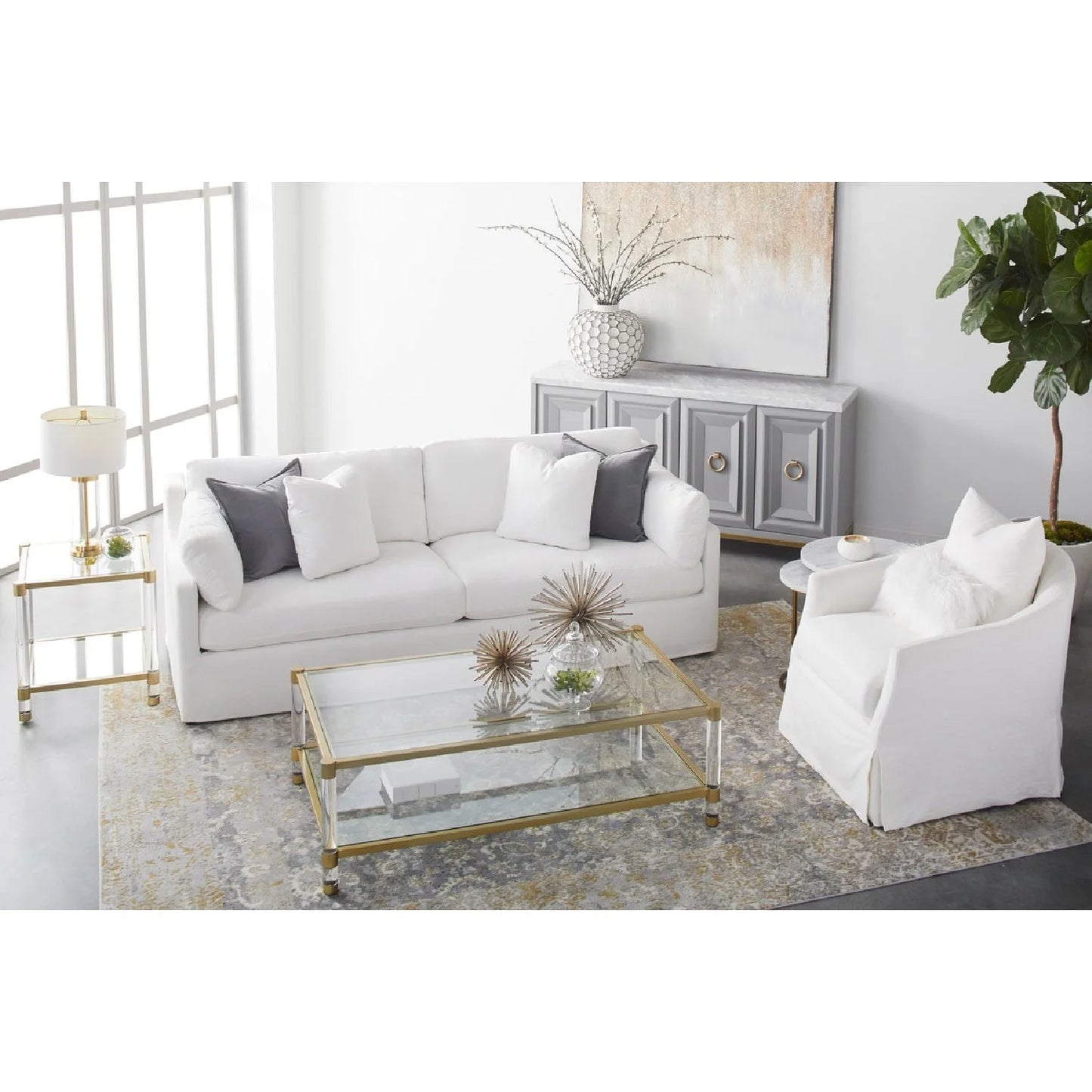 Luxury Brushed Brass Framed Glass Coffee Table Modern Italian Style for Villa