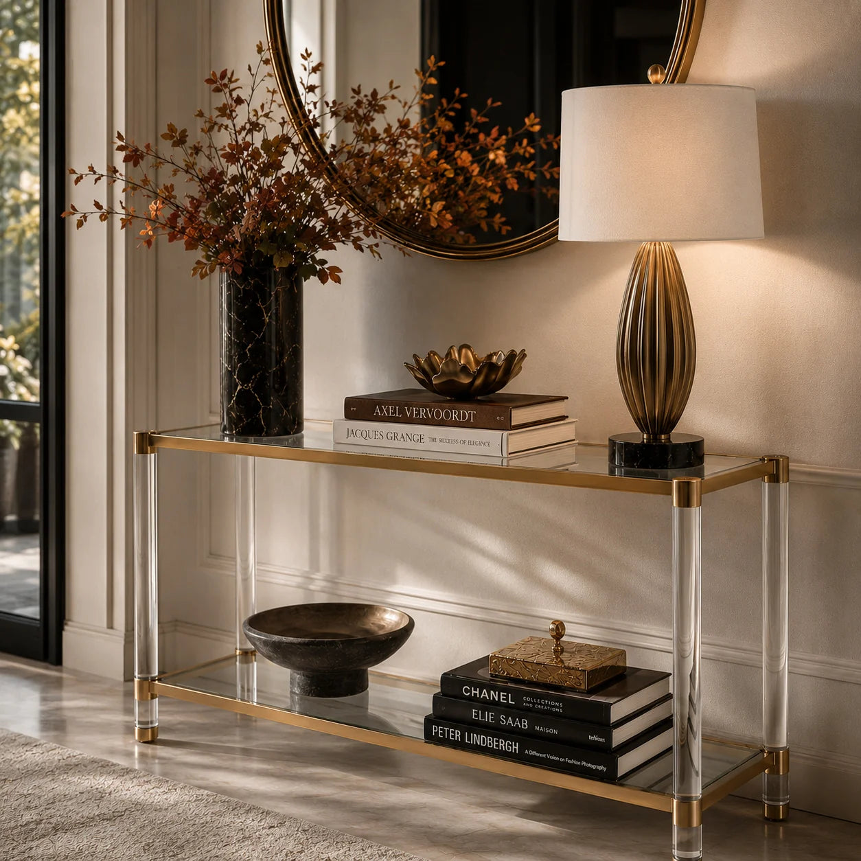 Luxury Brushed Brass Glass Console Table Modern Italian Style for Villa