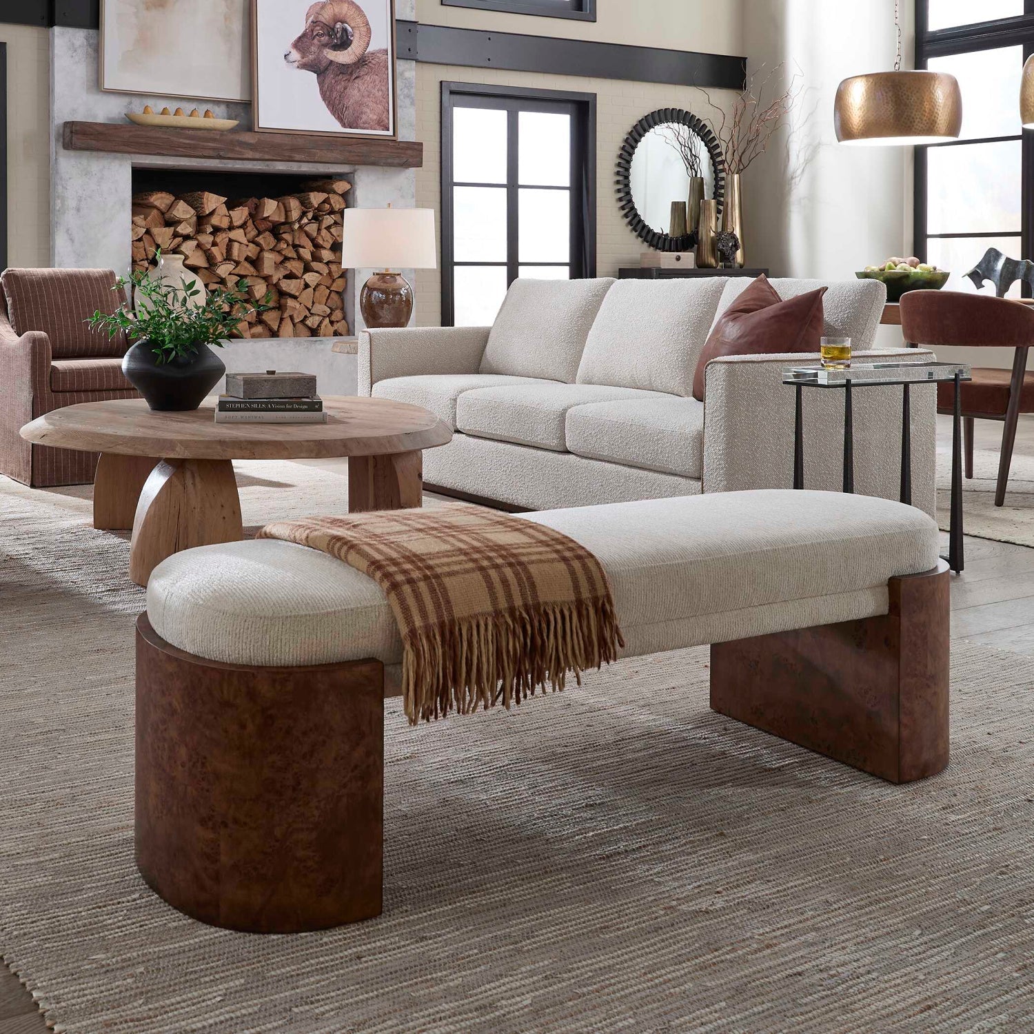 Luxury Burl Framed White Fabric Bench European Style for Villa