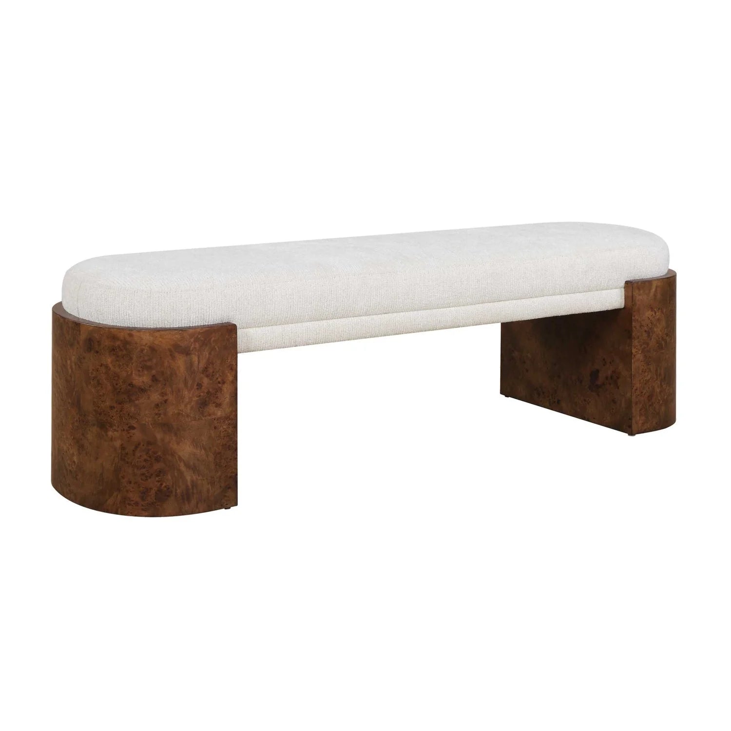 Luxury Burl Framed White Fabric Bench European Style for Villa