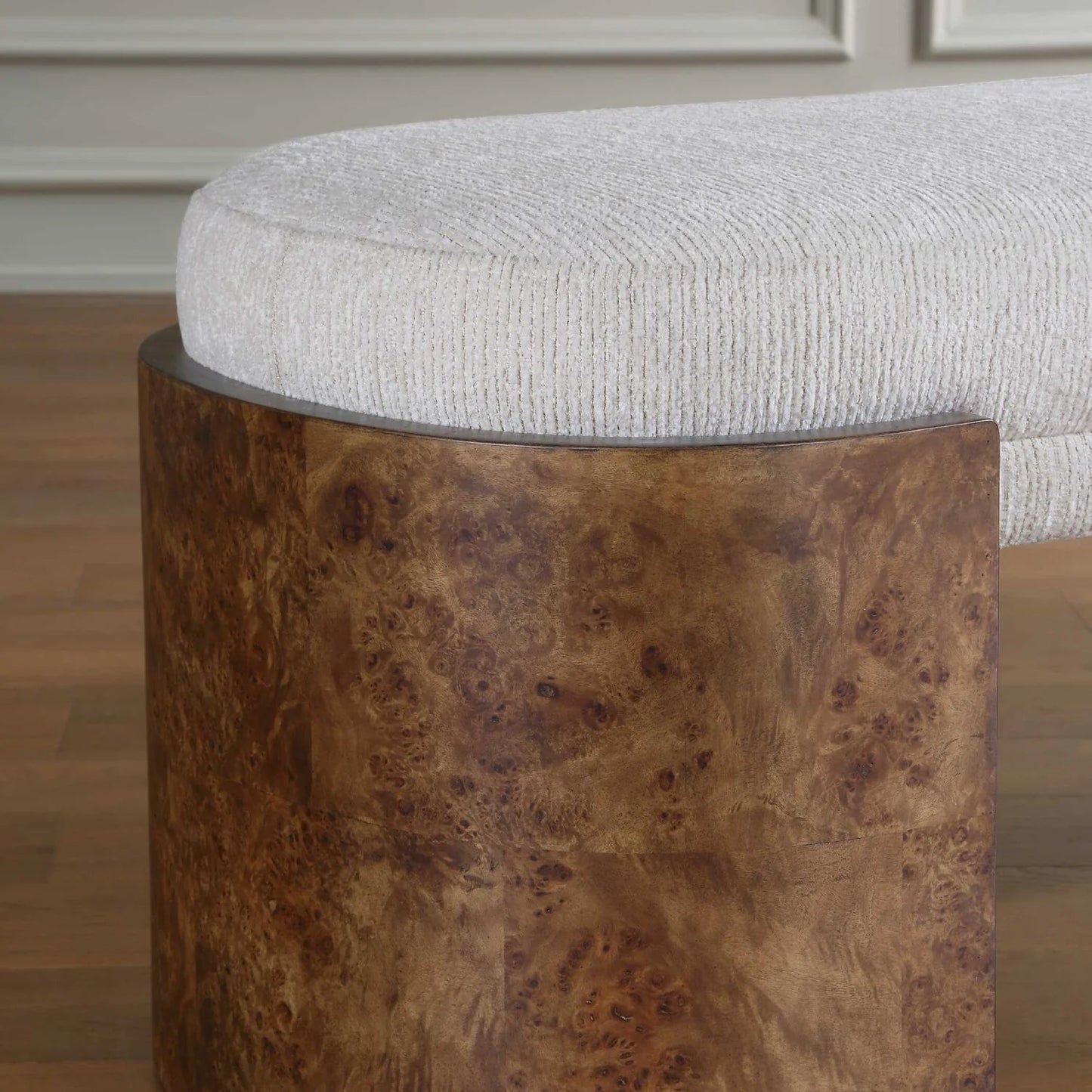 Luxury Burl Framed White Fabric Bench European Style for Villa