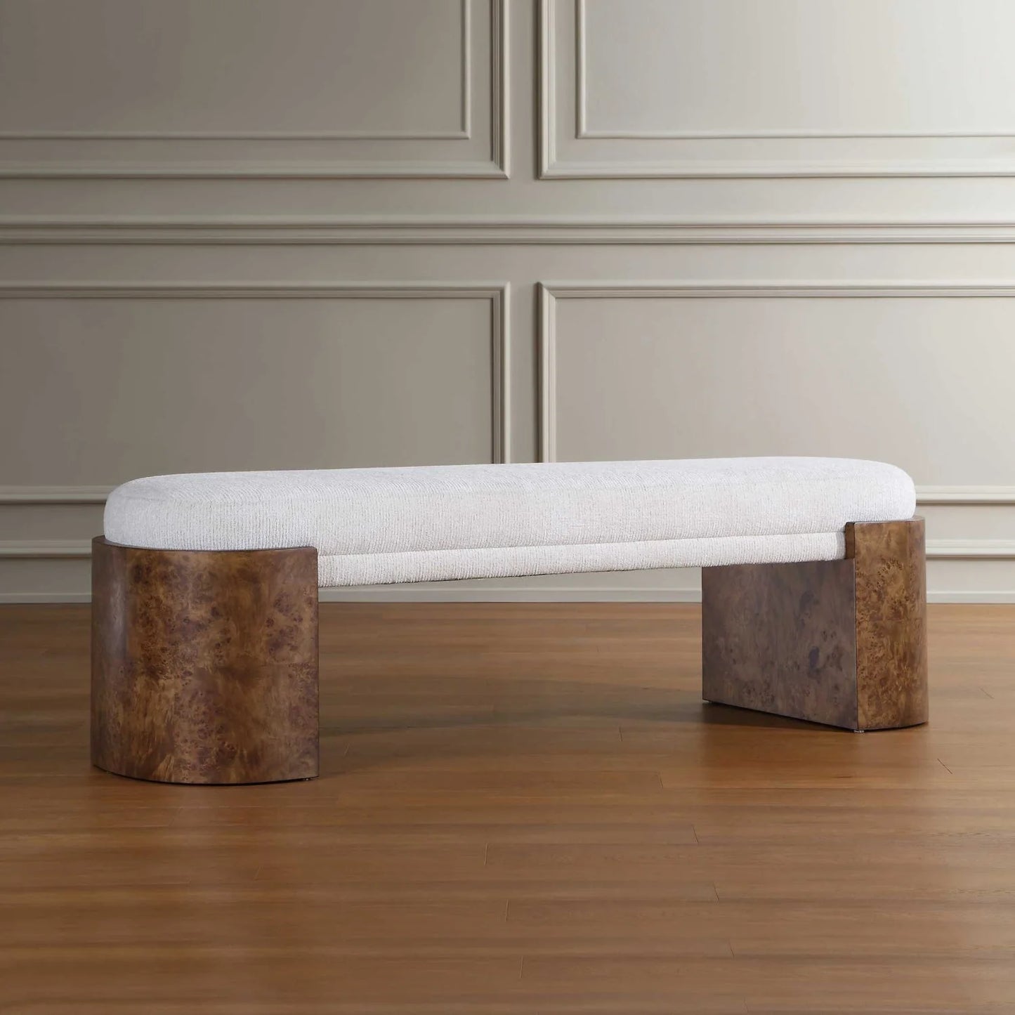 Luxury Burl Framed White Fabric Bench European Style for Villa