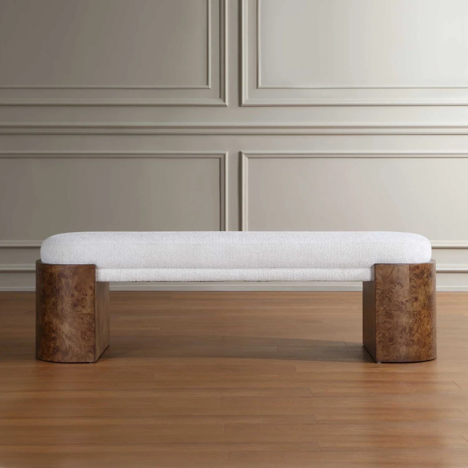Luxury Burl Framed White Fabric Bench European Style for Villa