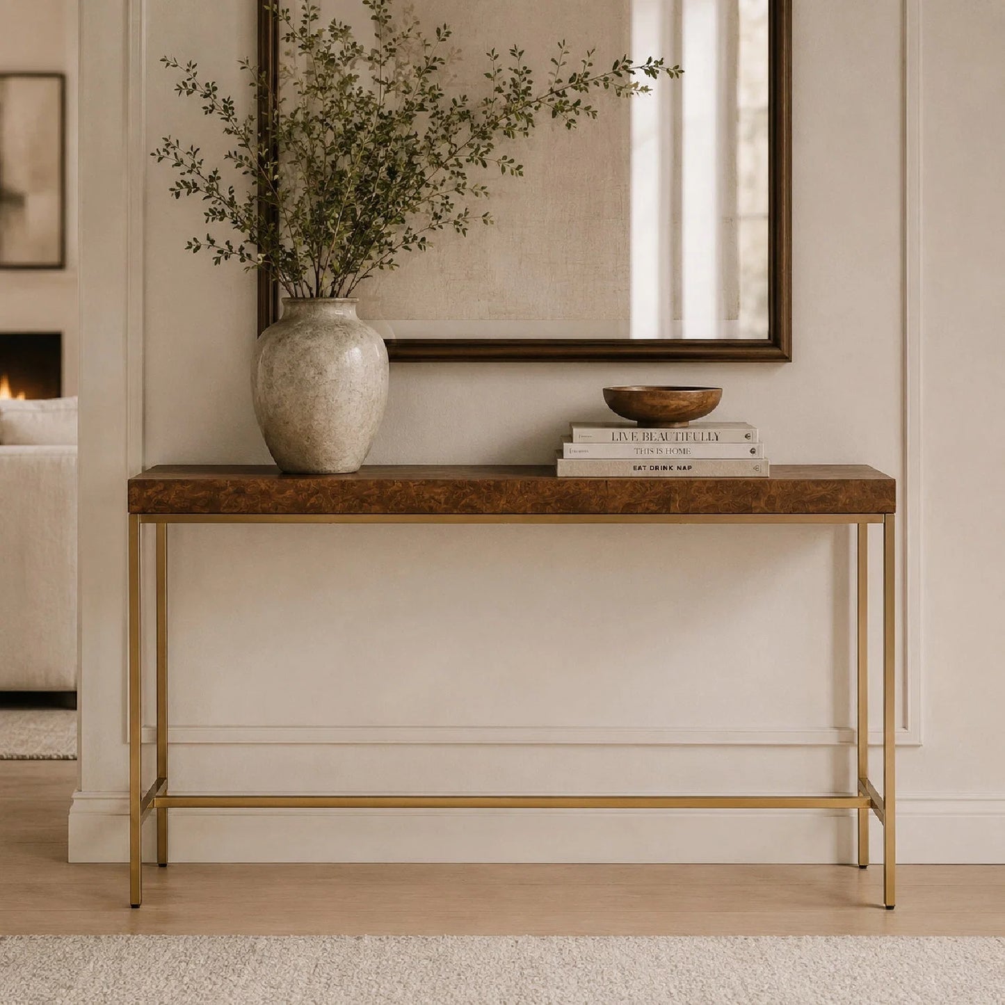 Luxury Burl Veneer Console Table Modern Italian Style for Villa