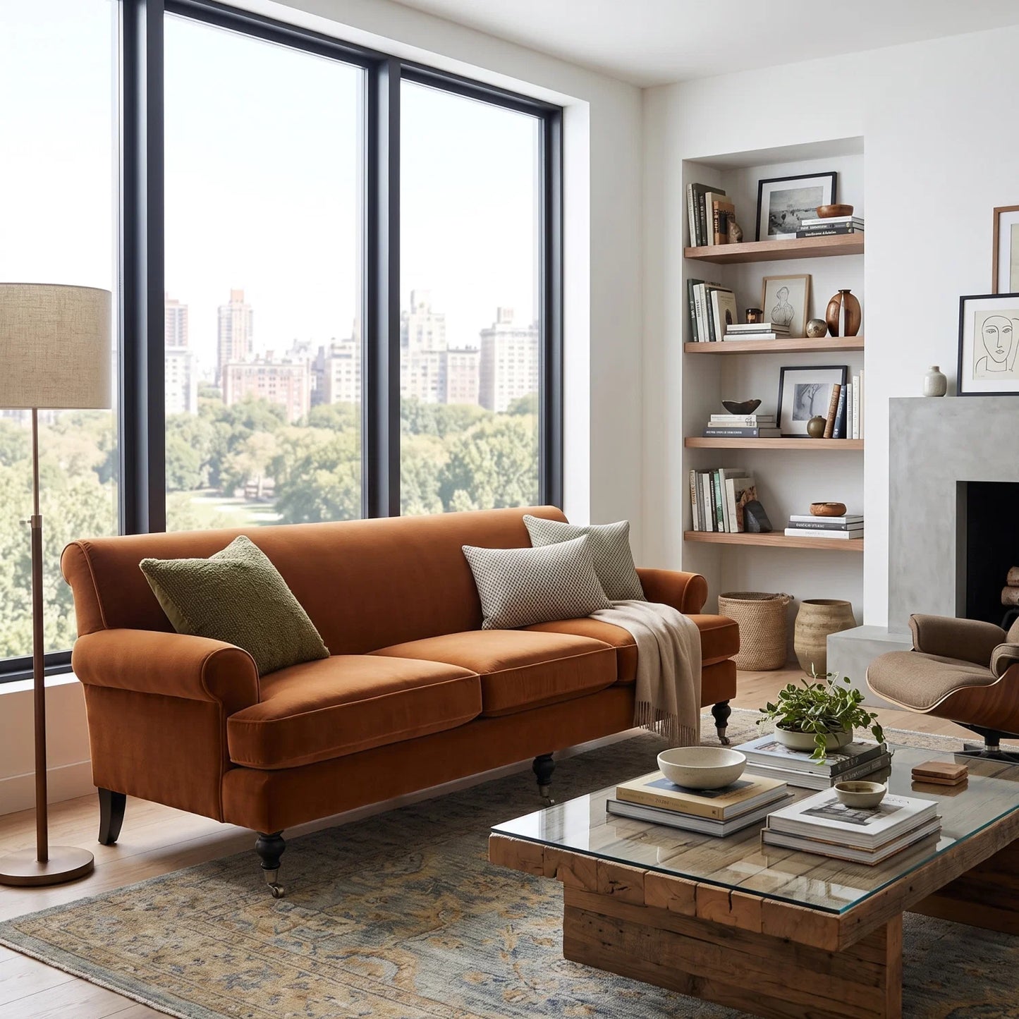 Luxury Burnt Orange Velvet Three-Cushion Sofa Modern Italian Style for Villa