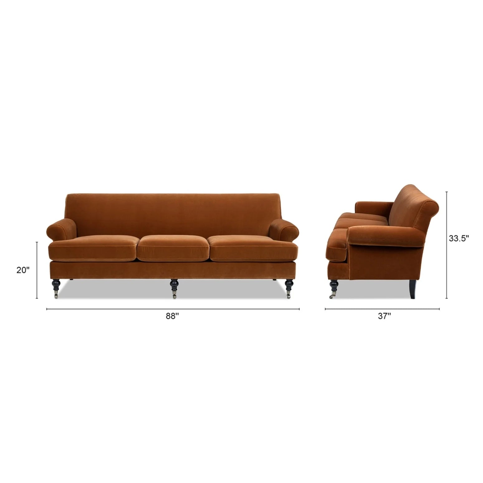 Luxury Burnt Orange Velvet Three-Cushion Sofa Modern Italian Style for Villa