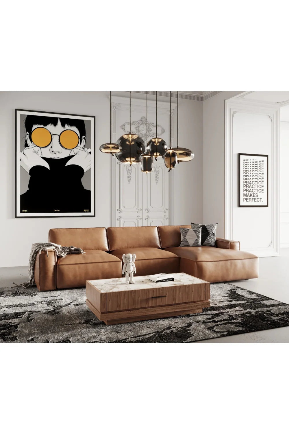 Luxury Cambria Cognac Leather Sectional Sofa Modern Italian Style for Villa