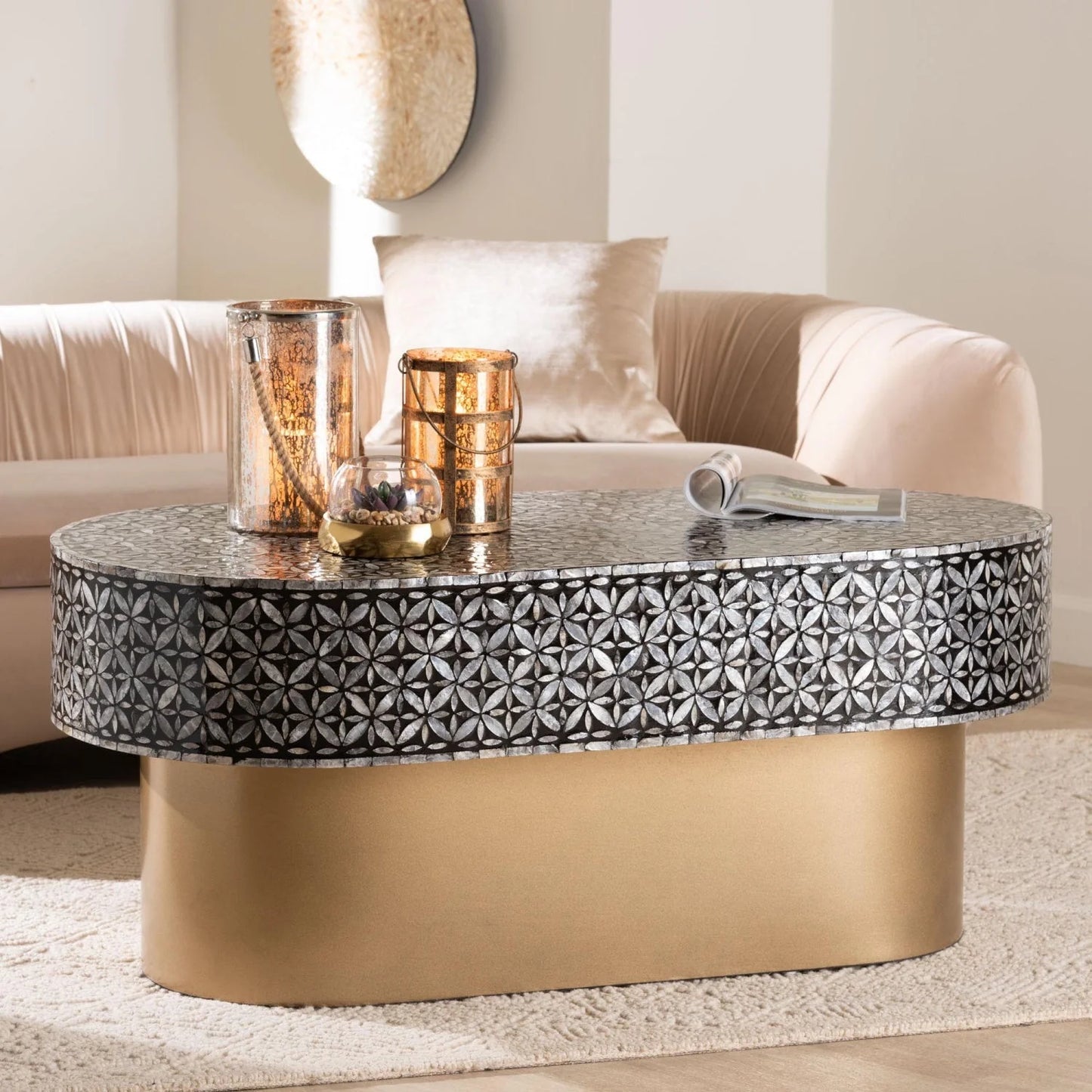 Luxury Capiz Shell Oval Coffee Table Modern Italian Style for Villa