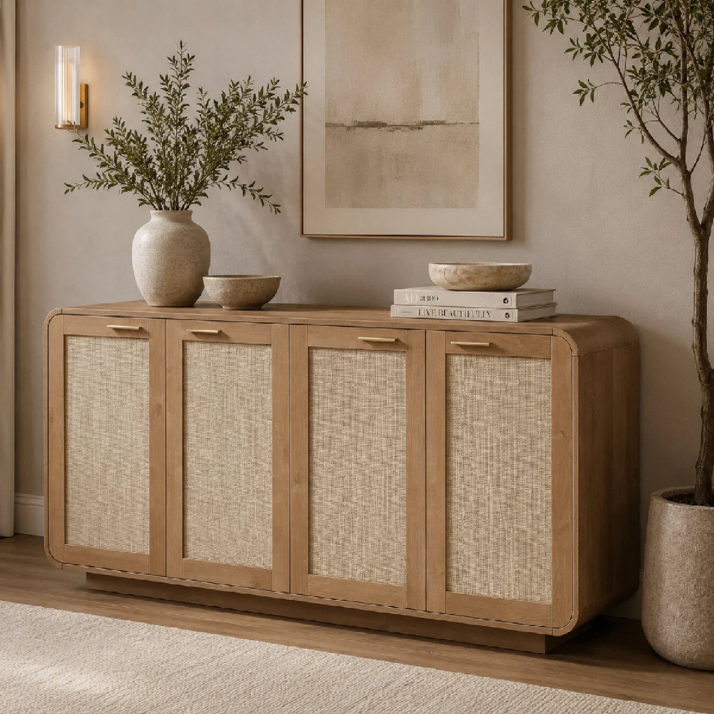 Luxury Caramel Rattan 4-Door Sideboard European Style for Villa