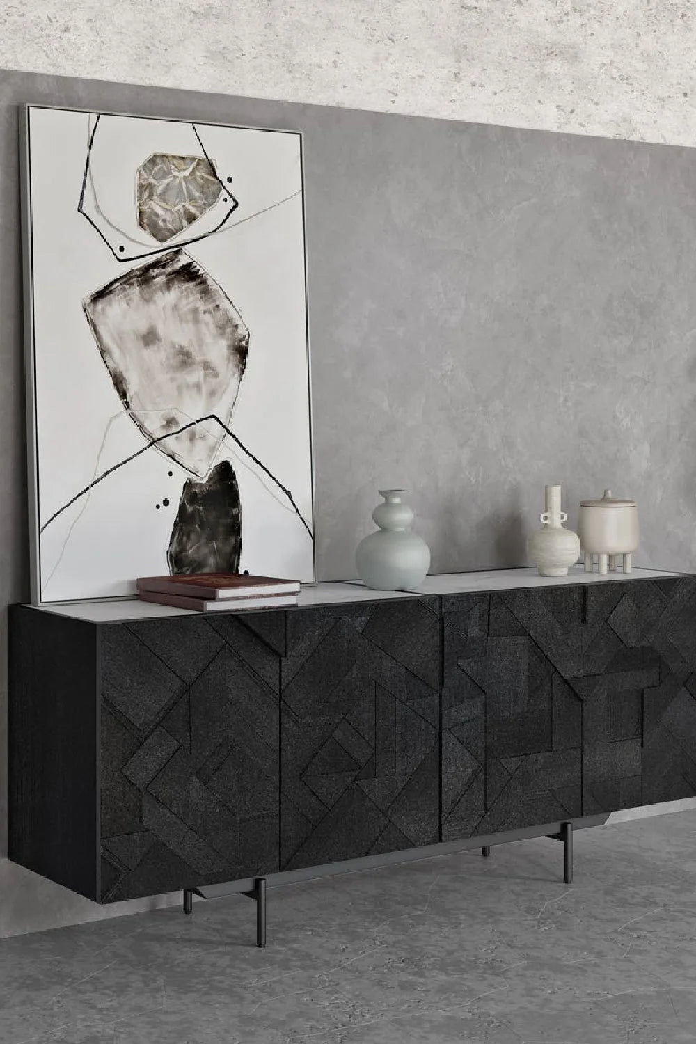 Luxury Carved Mango Wood 4-Door Sideboard European Style for Villa