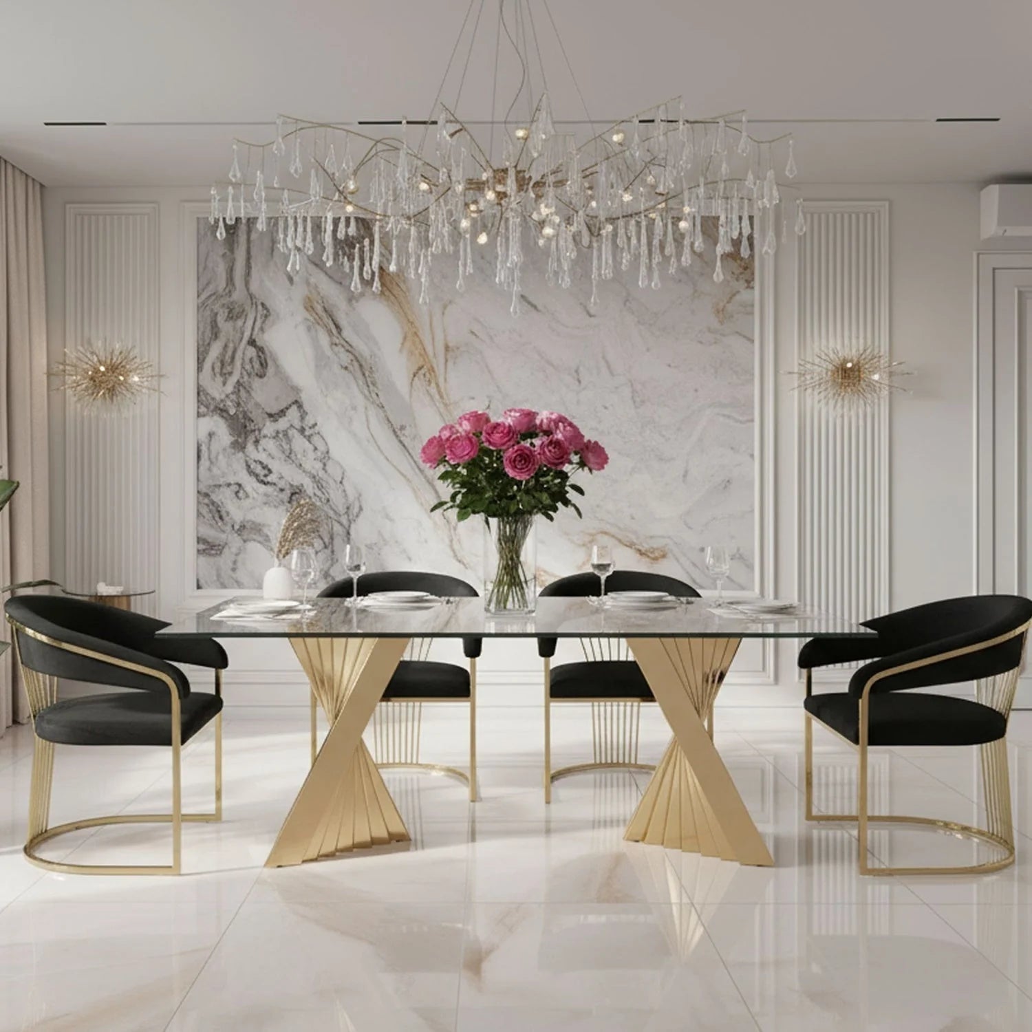 Luxury Champagne Gold Glass Dining Table Modern Italian Style for Villa