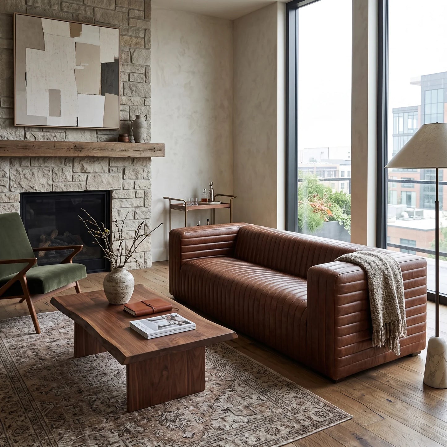 Luxury Channel Stitched Brown Leather Sofa Modern Italian Style for Villa