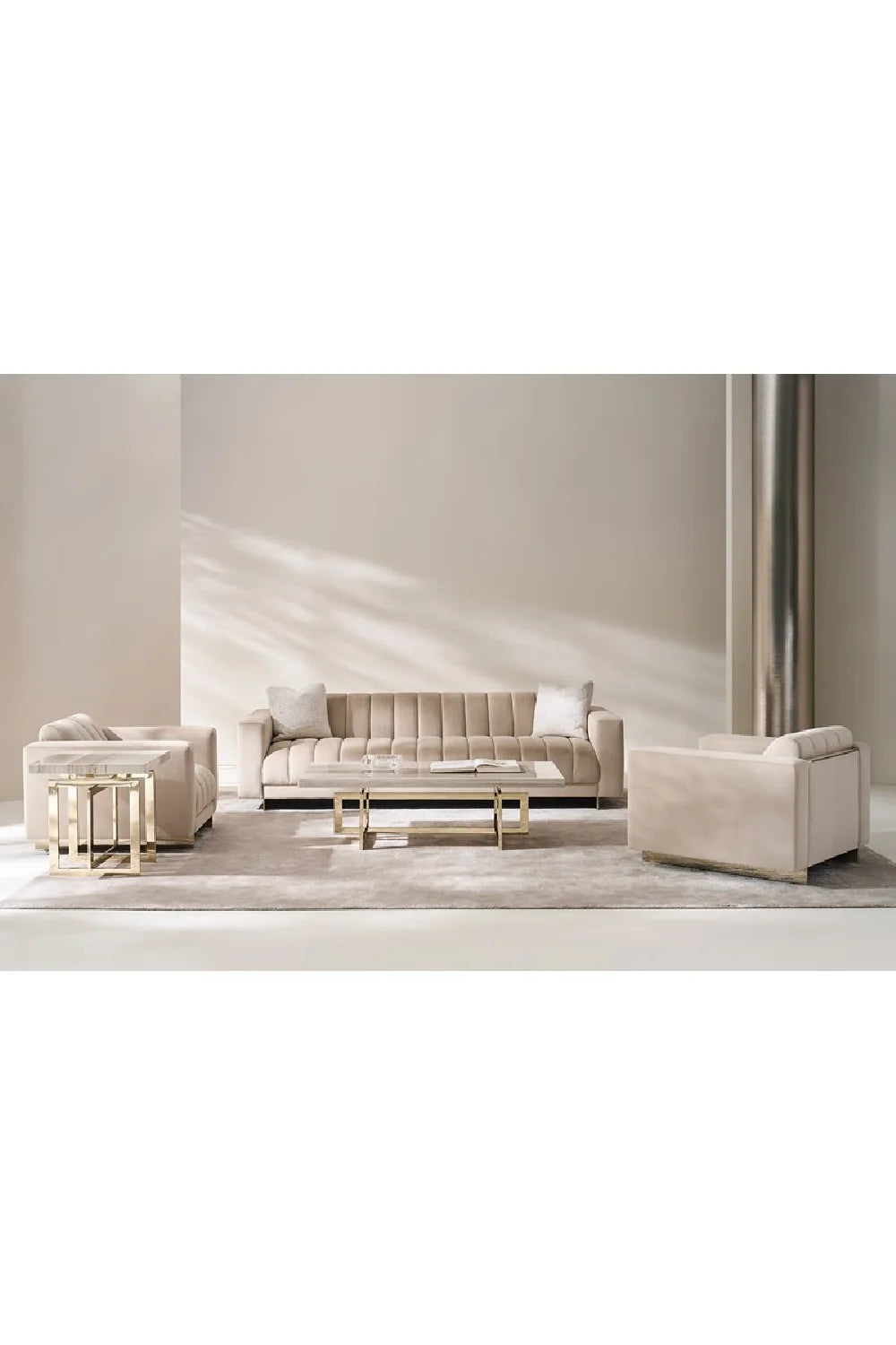Luxury Channel-Tufted Cream Fabric Sofa Modern Italian Style for Villa