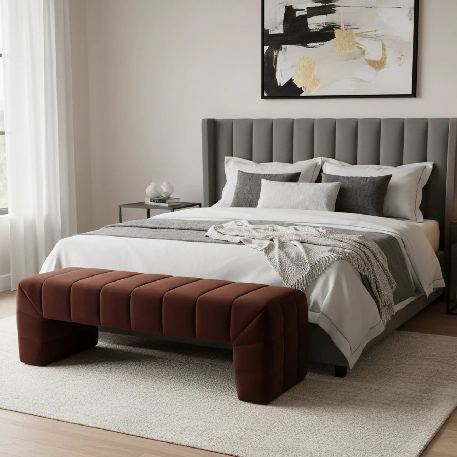 Luxury Channel Upholstered Bench European Style for Villa
