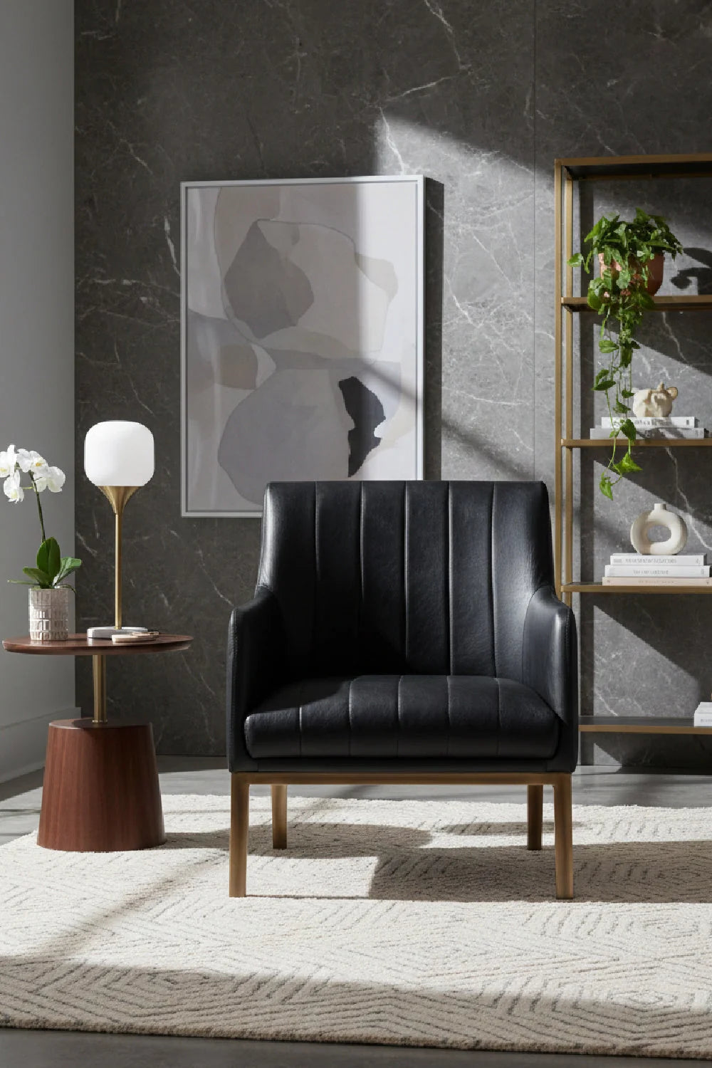 Luxury Channeled Black Leather Lounge Chair Modern Italian Style for Villa