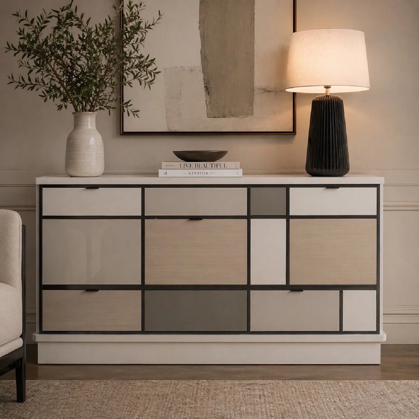 Luxury Checkerboard Glass 8-Drawer Sideboard European Style for Villa