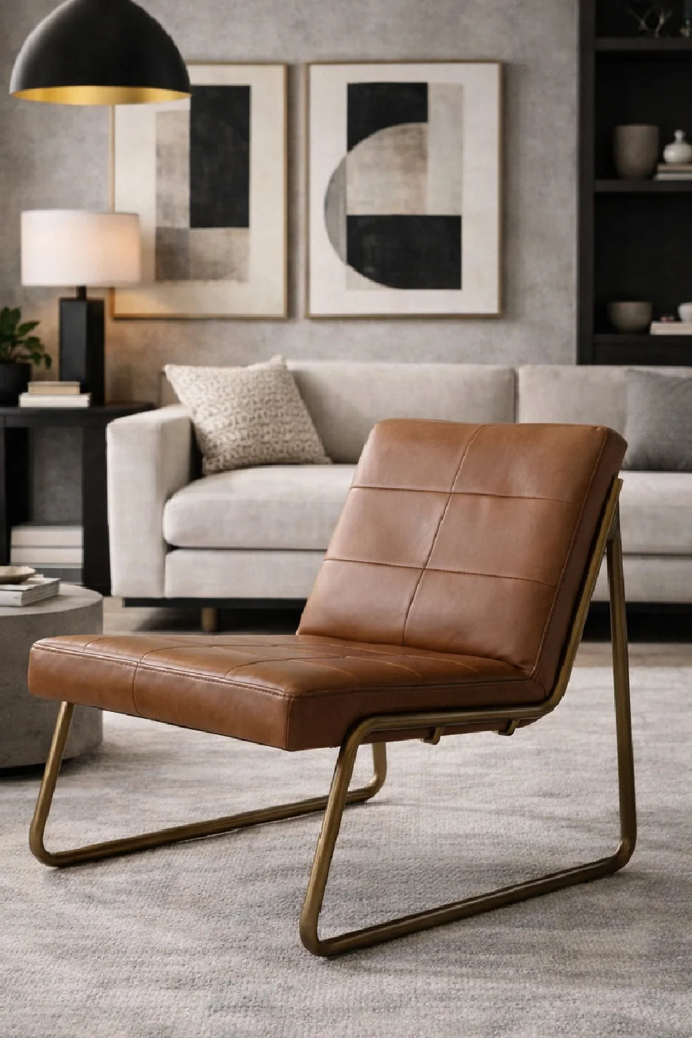 Luxury Cognac Leather Lounge Chair Modern Italian Style for Villa