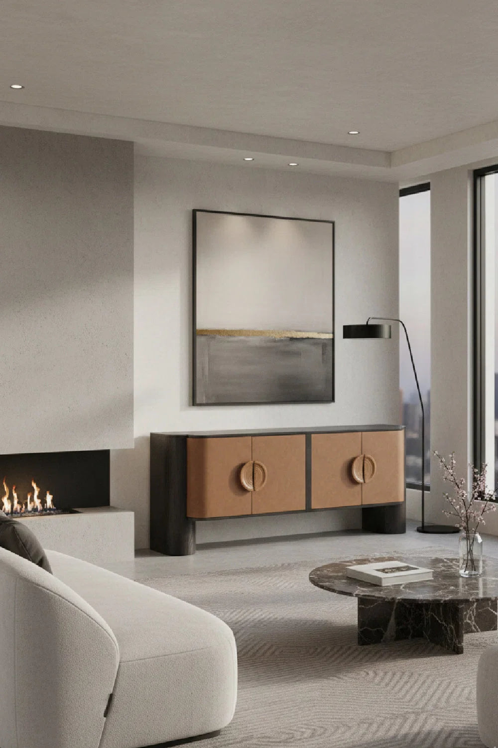Luxury Cognac Leather Sideboard European Style for Villa
