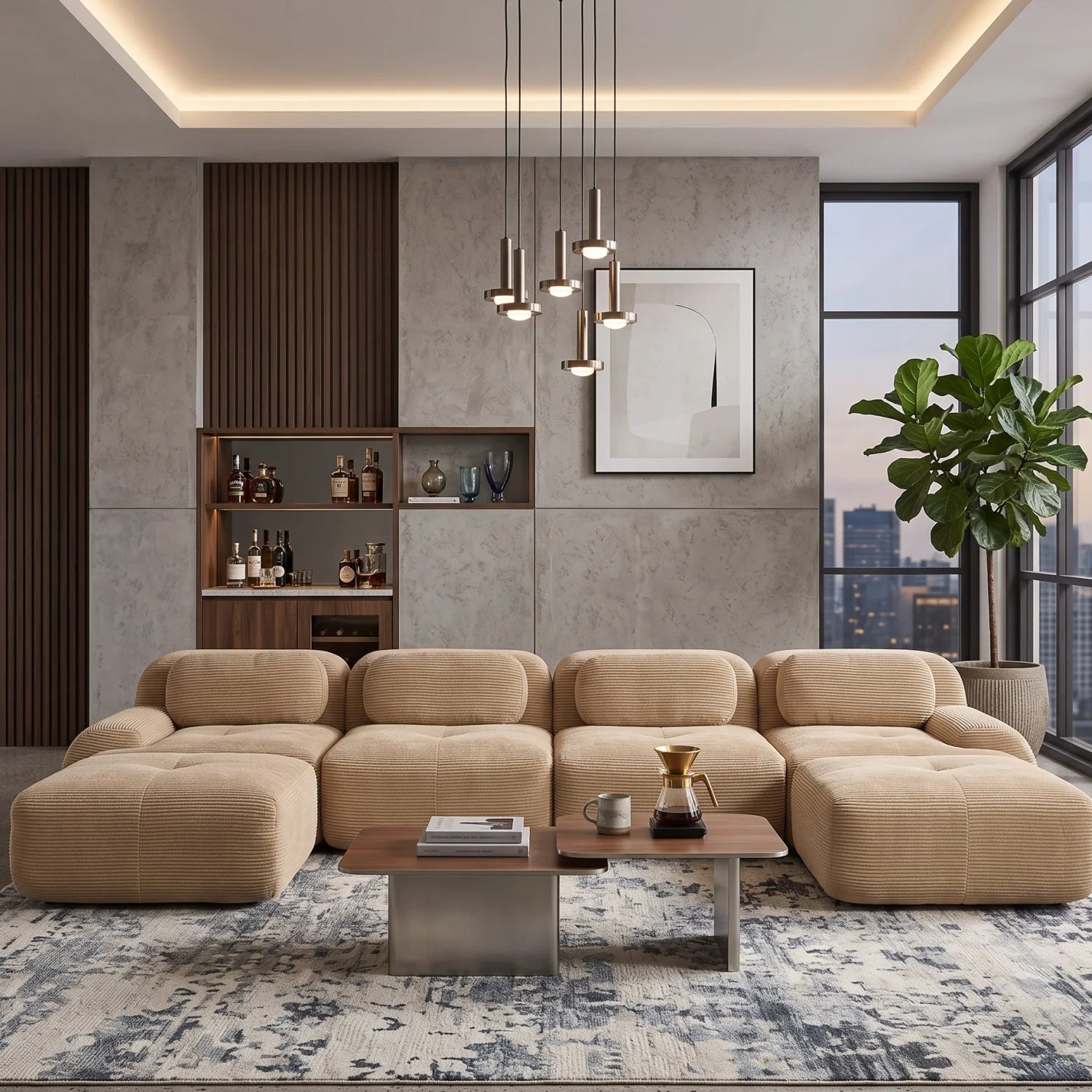 Luxury Corduroy Modular U-Shaped Sofa Modern Italian Style for Villa