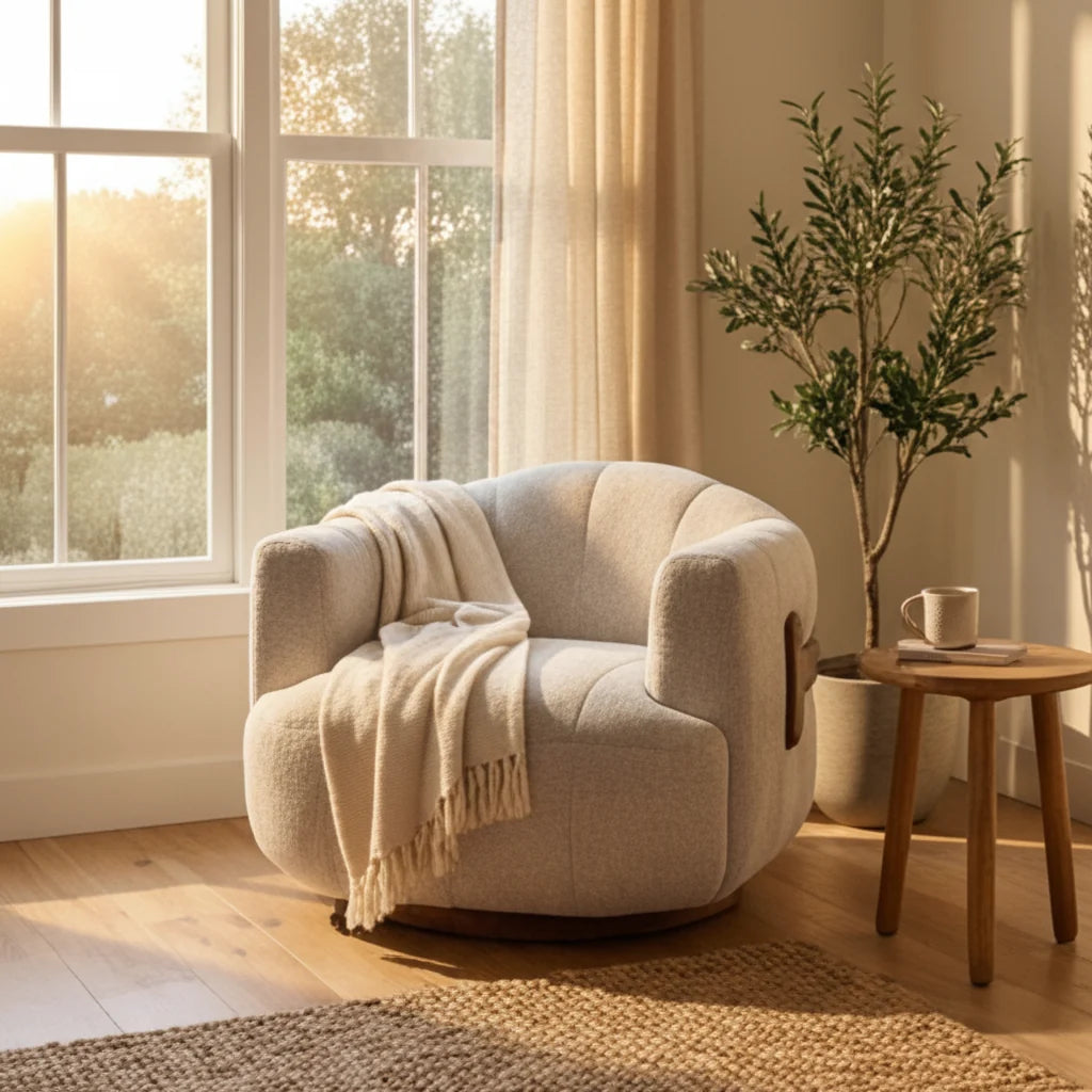 Luxury Cream Fabric Swivel Accent Chair Modern Italian Style for Villa