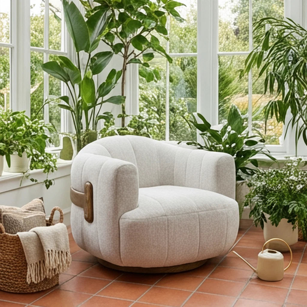 Luxury Cream Fabric Swivel Accent Chair Modern Italian Style for Villa
