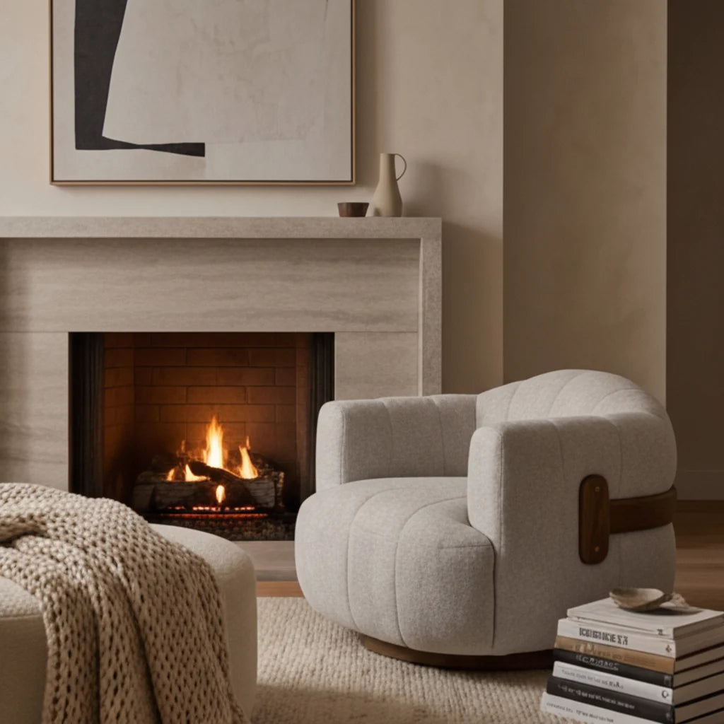 Luxury Cream Fabric Swivel Accent Chair Modern Italian Style for Villa